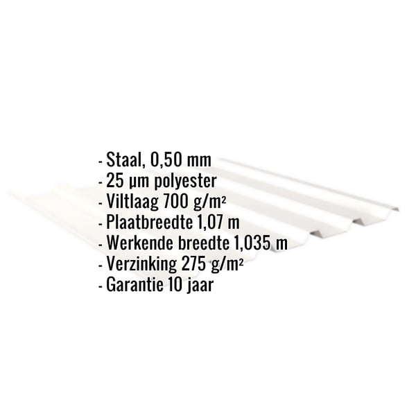 Damwandplaat 35/207, zuiverwit RAL 9010, met ingebedde specificaties over materiaal, dikte en coating