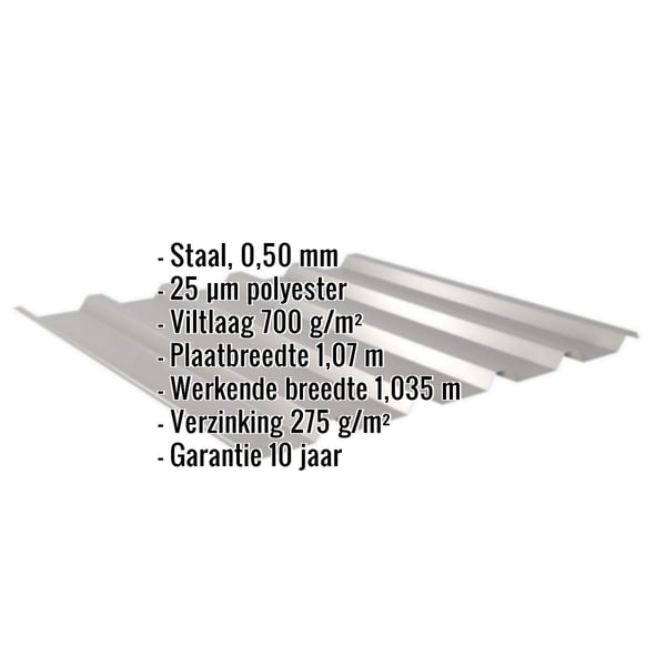 Damwandplaat 35/207, grijs aluminiumkleurig, met ingebedde specificaties voor materiaal, dikte, coating en garantie