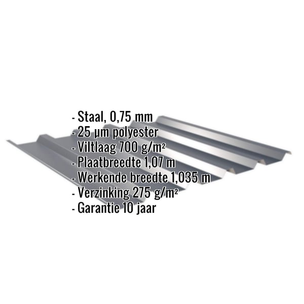 Damwandplaat 35/207 antracietgrijs met ingebedde specificaties voor materiaal, dikte en coating