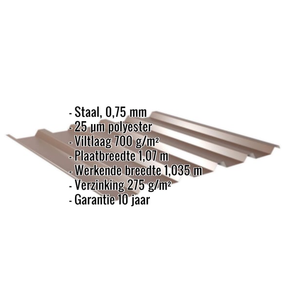 Damwandplaat 35/207 Notenbruin met ingebedde specificaties over materiaal, dikte, coating en garantie