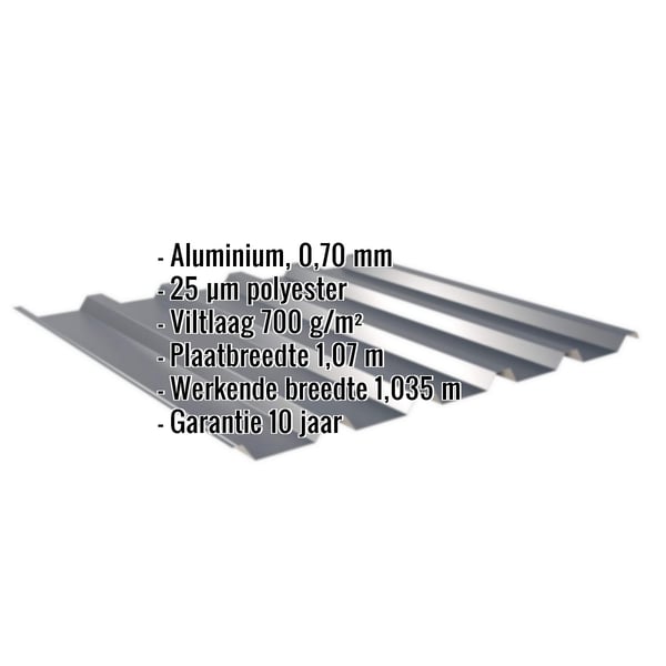 Damwandplaat 35/207 aluminium antracietgrijs met ingebedde gegevens over materiaal, coating en afmetingen