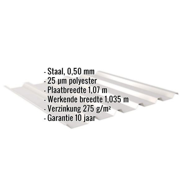 Damwandplaat 35/207, lichtgrijs, met ingebedde specificaties voor materiaal, dikte en coating