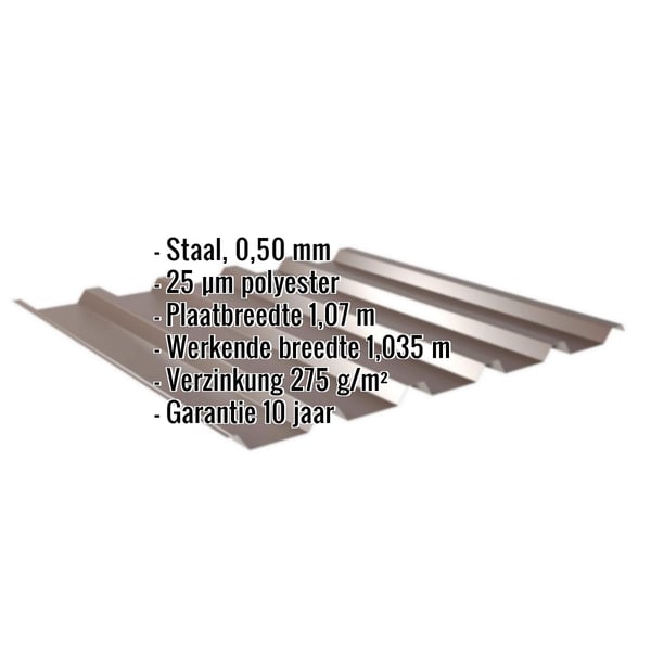 Damwandplaat 35/207 in sepiabruin, 0,50 mm, met ingebedde specificaties over materiaal en coating