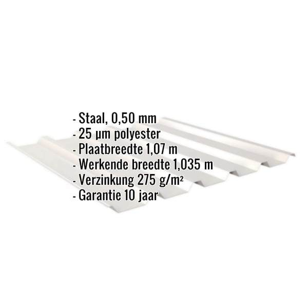 Damwandplaat 35/207, Grijswit (RAL 9002), met ingebedde productgegevens zoals materiaal en dikte