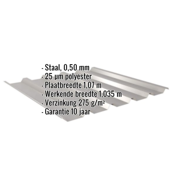 Damwandplaat 35/207, grijs aluminiumkleurig, met ingebedde productgegevens over materiaal, dikte en garantie