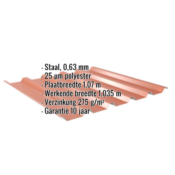 Damwandplaat 35/207 koperbruin, 0,63 mm staal met 25 µm polyestercoating, specificaties weergegeven