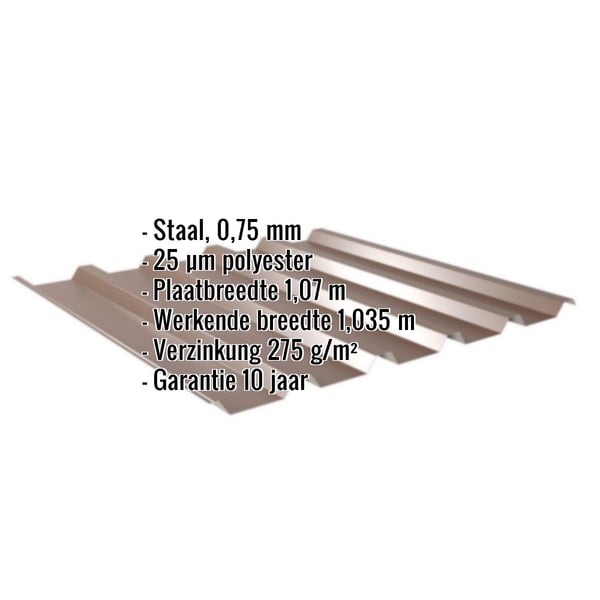 Damwandplaat 35/207 Notenbruin met ingebouwde specificaties voor materiaal, dikte en coating