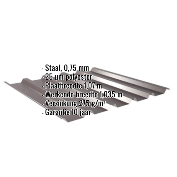 Damwandplaat 35/207, Chocoladebruin, met ingebedde specificaties voor materiaal, dikte en coating