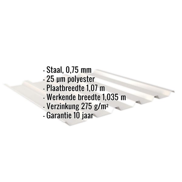 Damwandplaat 35/207 dak, Grijswit, met ingebedde specificaties voor materiaal, dikte en coating