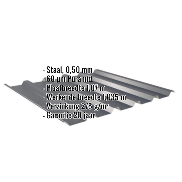 Damwandplaat 35/207 antracietgrijs, 0,50 mm, met ingebedde productgegevens over materiaal en coating