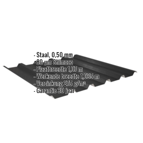 Damwandplaat 35/207, Gitzwart RAL 9005, met ingebedde gegevens over materiaal, dikte en coating