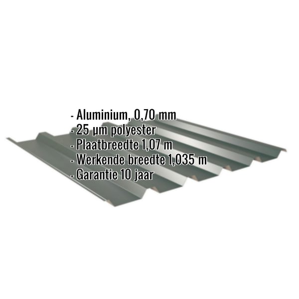 Damwandplaat 35/207 aluminium mosgroen met ingebedde gegevens over materiaal, dikte en breedte