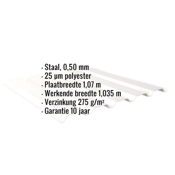 Infografiek: Damwandplaat 35/207 wand, materiaal staal 0,50 mm, 25 µm polyester, plaatbreedte 1,07 m, garantie 10 jaar