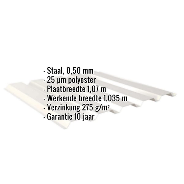 Infographic: Damwandplaat 35/207 wand, Grijswit (RAL 9002), met ingebouwde specificaties voor materiaal, coating en garantie
