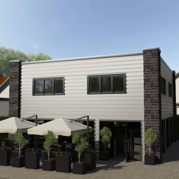 Damwandplaat 35/207 wand in Grijswit (RAL 9002) als gevelbekleding van een gebouw