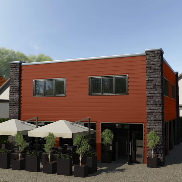 Damwandplaat 35/207 wand koperbruin op een gevel met ramen en parasols