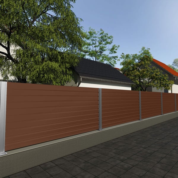 Schutting van damwandplaat 35/207 Notenbruin (RAL 8011) als privacyscherm in de tuin