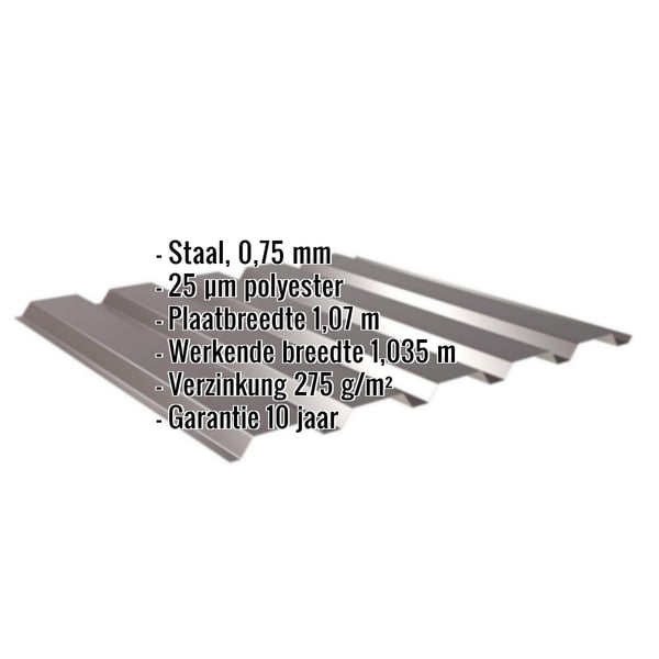 Damwandplaat 35/207 Wand, Chocoladebruin RAL 8017, met ingebedde specificaties voor materiaal, dikte en coating