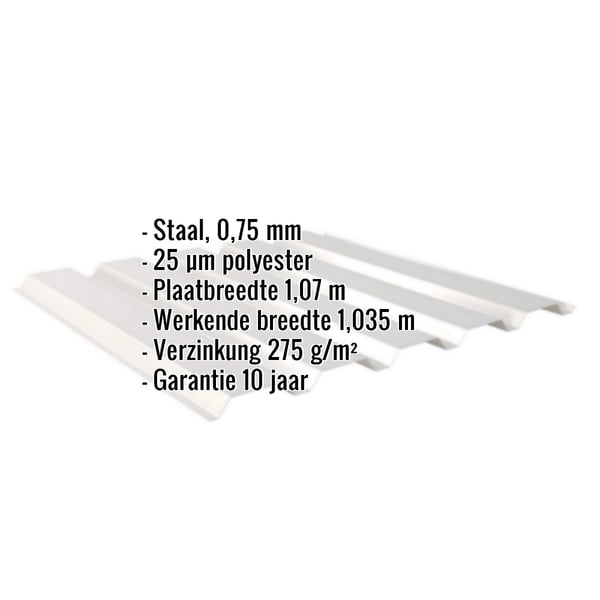 Infographic: Damwandplaat 35/207 met specificaties zoals materiaal, dikte, coating en garantie