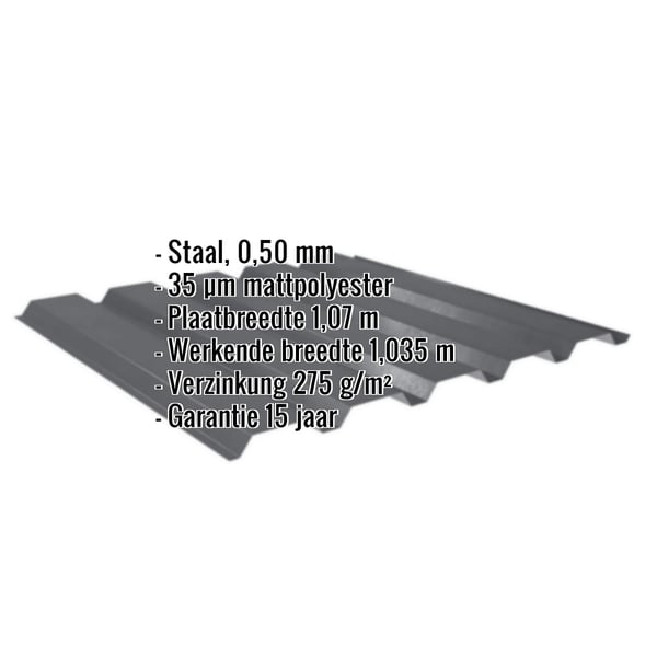 Damwandplaat 35/207 in donkergrijs, 0,50 mm, met ingebouwde technische gegevens en coating 35 µm matpolyester