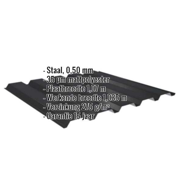 Damwandplaat 35/207 wand, zwart, met ingebedde specificaties voor materiaal, dikte en coating