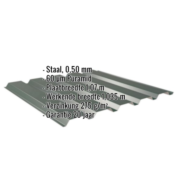 Damwandplaat 35/207 wand mosgroen met ingebouwde specificaties zoals materiaal, dikte en garantie