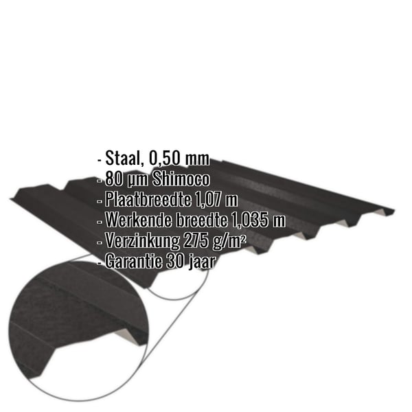 Damwandplaat 35/207 Gitzwart (RAL 9005) met Shimoco coating, detail en ingebedde specificaties