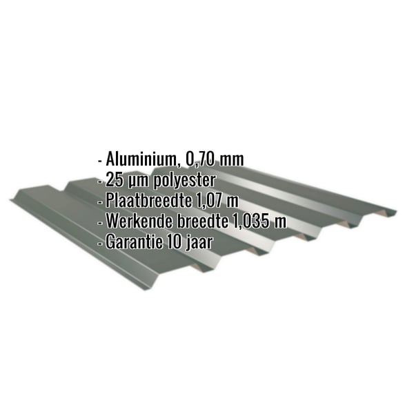 Damwandplaat 35/207 aluminium mosgroen (RAL 6005) met ingebedde specificaties