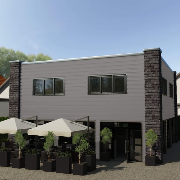 Gebouw met gevelbekleding van damwandplaat 35/207 aluminium, RAL9007