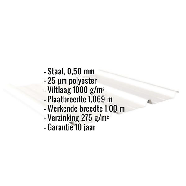 Damwandplaat 45/333 in zuiverwit, met ingebedde productgegevens over materiaal, dikte en coating
