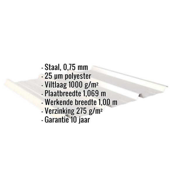 Damwandplaat 45/333 Grijswit, infografiek met materiaal, dikte, coating en afmetingen