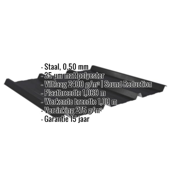 Damwandplaat 45/333 | Dak | Anti-Drup 2400 g/m² | Staal 0,50 mm | 35 µm Mattpolyester | 33 - Zwart