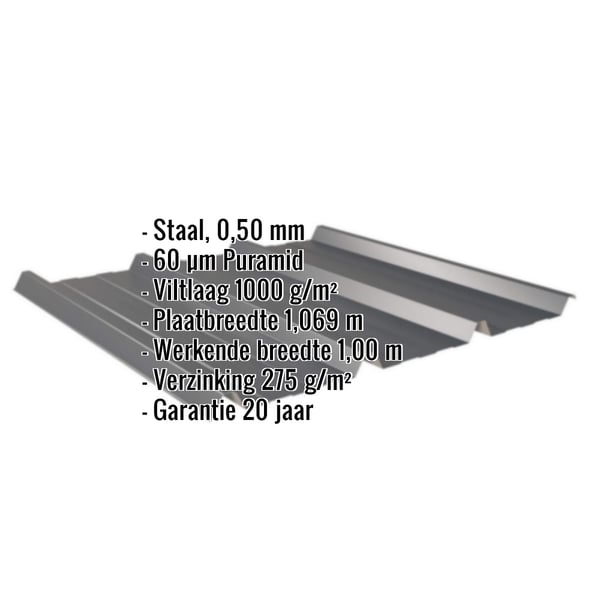 Damwandplaat 45/333, Antracietgrijs, met ingebedde specificaties voor materiaal, dikte en coating
