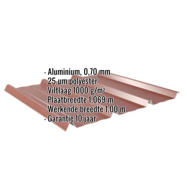 Damwandplaat 45/333 aluminium roodbruin met ingebedde specificaties en garantie-informatie