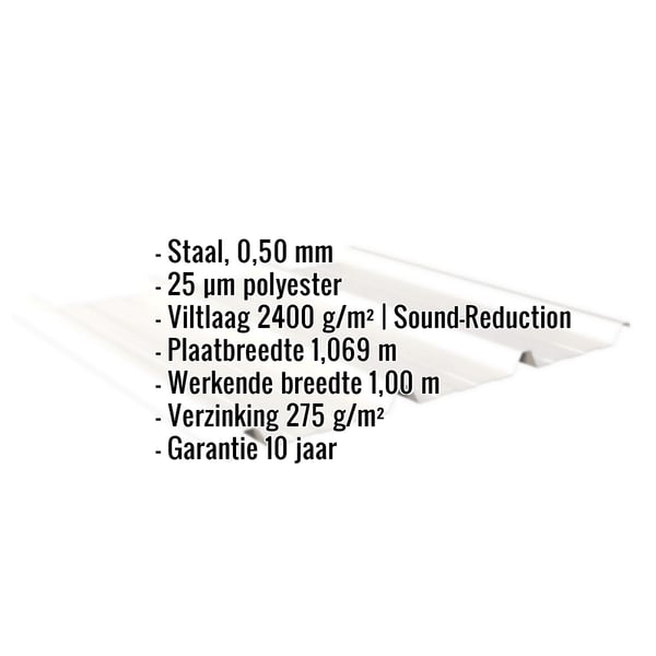 Damwandplaat 45/333 Zuiverwit infografiek met specificaties over materiaal, dikte, coating en garantie
