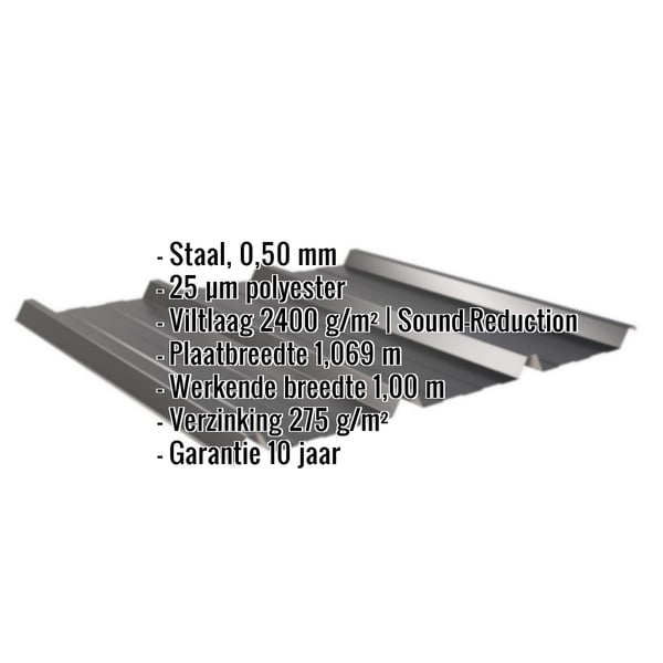 Damwandplaat 45/333 Gitzwart met ingebedde specificaties voor materiaal, coating en afmetingen