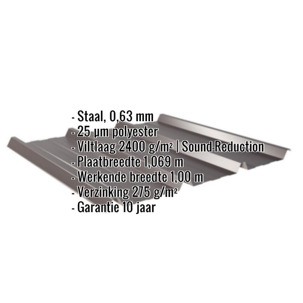 Damwandplaat 45/333 dak, staal 0,63 mm, 25 µm polyester, anti-condens 2400 g/m², met ingebedde specificaties