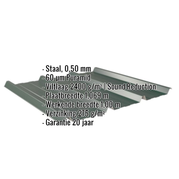 Damwandplaat 45/333 mosgroen met ingebedde productgegevens over materiaal, dikte en coating