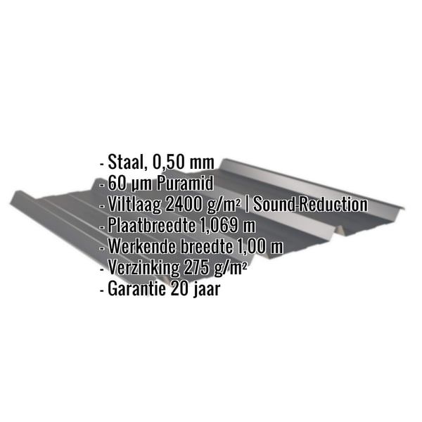 Damwandplaat 45/333 Antracietgrijs met ingebedde productgegevens zoals materiaal, dikte, coating en garantie