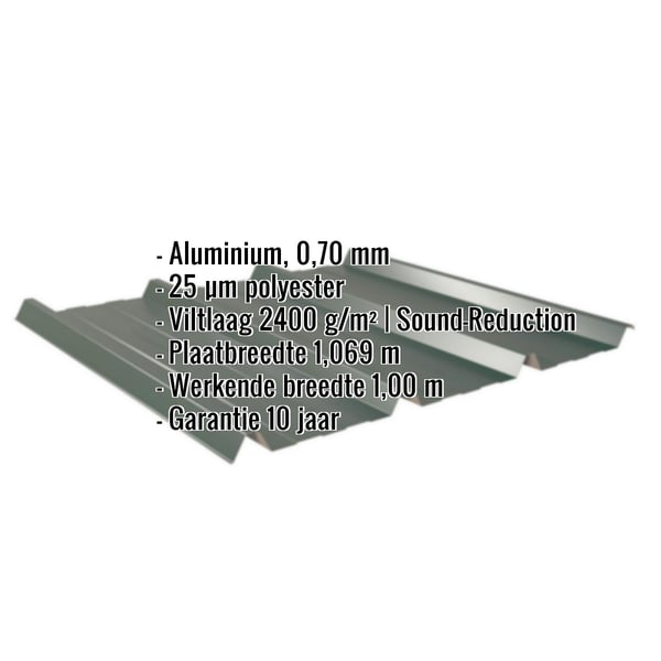 Damwandplaat 45/333 mosgroen met ingebedde productgegevens over materiaal, dikte en coating