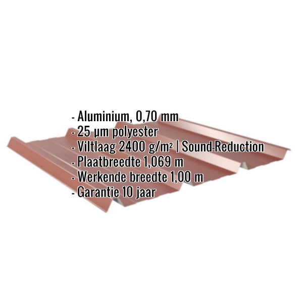 Damwandplaat 45/333 aluminium roodbruin met ingebedde specificaties voor materiaal, coating en afmetingen