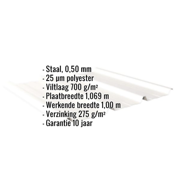 Damwandplaat 45/333, zuiverwit RAL 9010, met ingebedde specificaties voor materiaal, dikte en coating