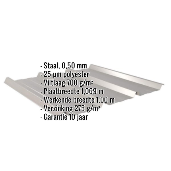 Damwandplaat 45/333, grijs aluminiumkleurig, met ingebedde productgegevens zoals materiaal, dikte en coating