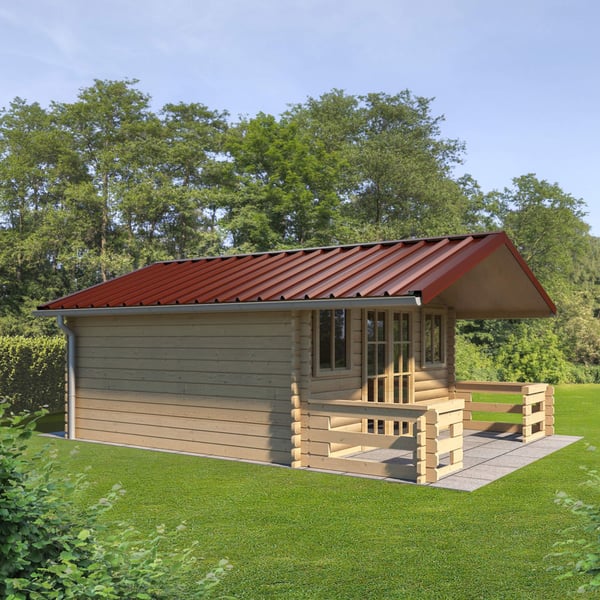 Damwandplaat 45/333 Roodbruin als dak op een tuinhuis met veranda, toepassingsvoorbeeld