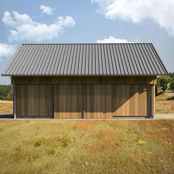 Damwandplaat 45/333 Zilver-Metallic op een houten gebouw, dakbedekking met dakgoot