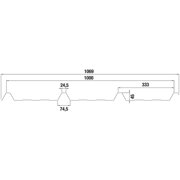Technische tekening damwandplaat 45/333 met afmetingen: plaatbreedte 1069 mm, werkende breedte 1000 mm, profielhoogte 45 mm