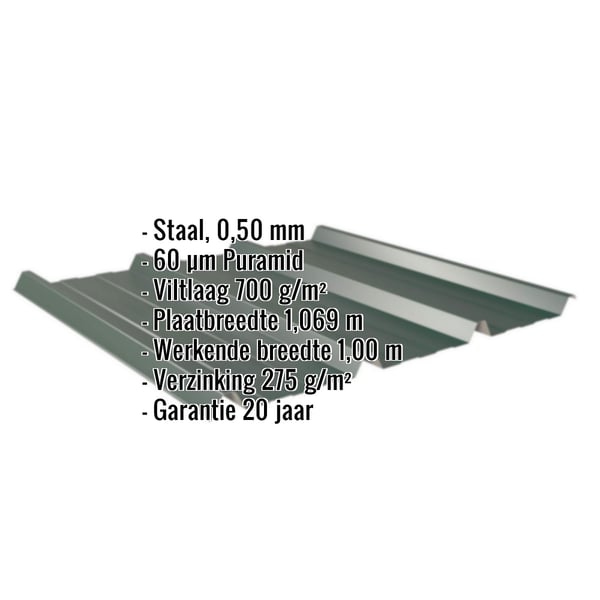 Damwandplaat 45/333 mosgroen met ingebedde technische gegevens en Puramid coating