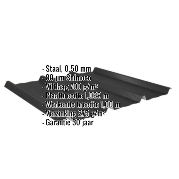 Damwandplaat 45/333 Gitzwart, 0,50 mm, met ingebedde productgegevens over materiaal, coating en afmetingen