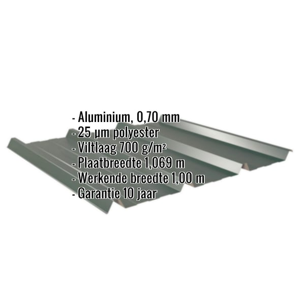 Damwandplaat 45/333 aluminium mosgroen met ingebedde technische gegevens en garantie-informatie