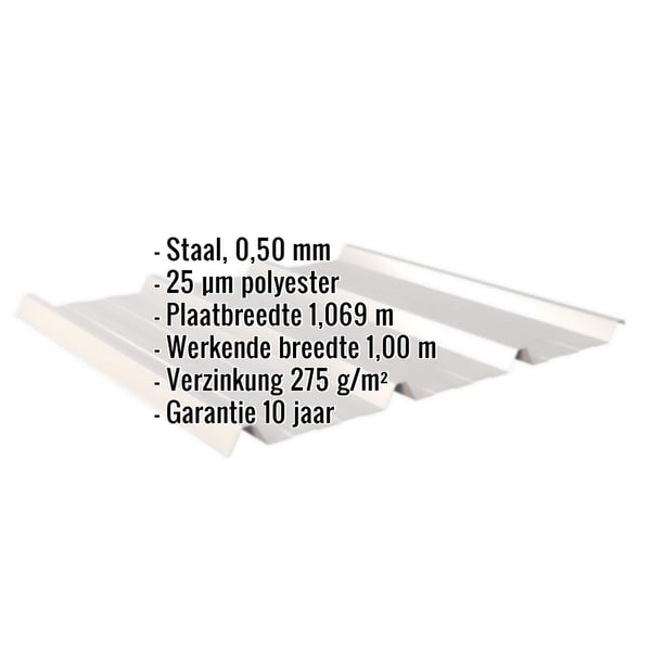 Damwandplaat 45/333, Lichtgrijs RAL 7035, met ingebedde gegevens over materiaal, dikte en coating